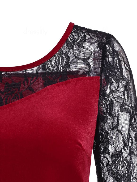 Haut Tunique en Velours Panneau en Dentelle à Lacets - Rouge M