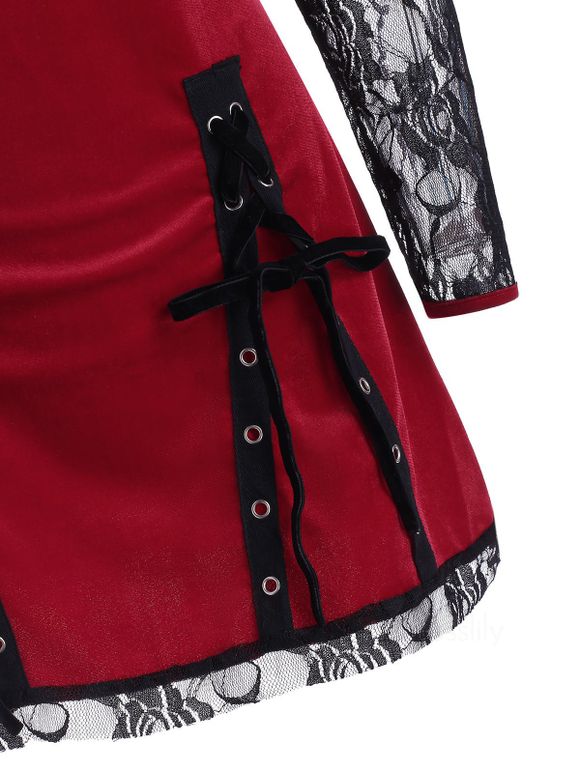 Haut Tunique en Velours Panneau en Dentelle à Lacets - Rouge M
