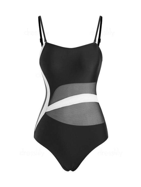 Mesh Panel Colorblock One-piece Swimsuit - BLACK L