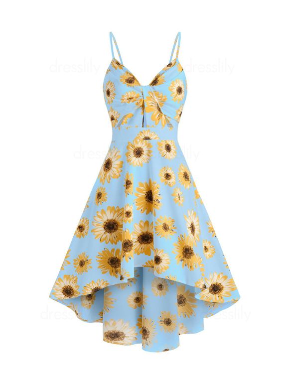Vacation Sunflower Print Sundress Spaghetti Strap Summer High Low A Line Dress - LIGHT BLUE M