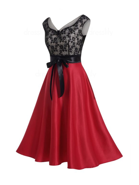 Robe Mi-Longue en Dentelle Fleur à Taille Haute en Blocs de Couleurs avec Nœud Papillon - Rouge L