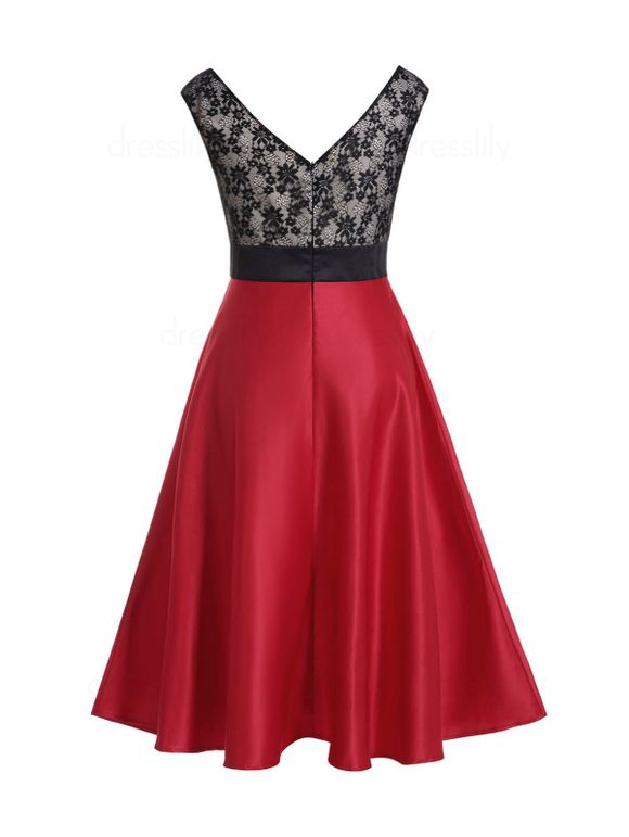 Robe Mi-Longue en Dentelle Fleur à Taille Haute en Blocs de Couleurs avec Nœud Papillon - Rouge L