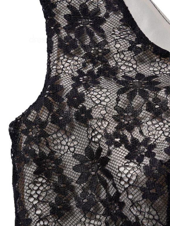 Robe Mi-Longue en Dentelle Fleur à Taille Haute en Blocs de Couleurs avec Nœud Papillon - Rouge L