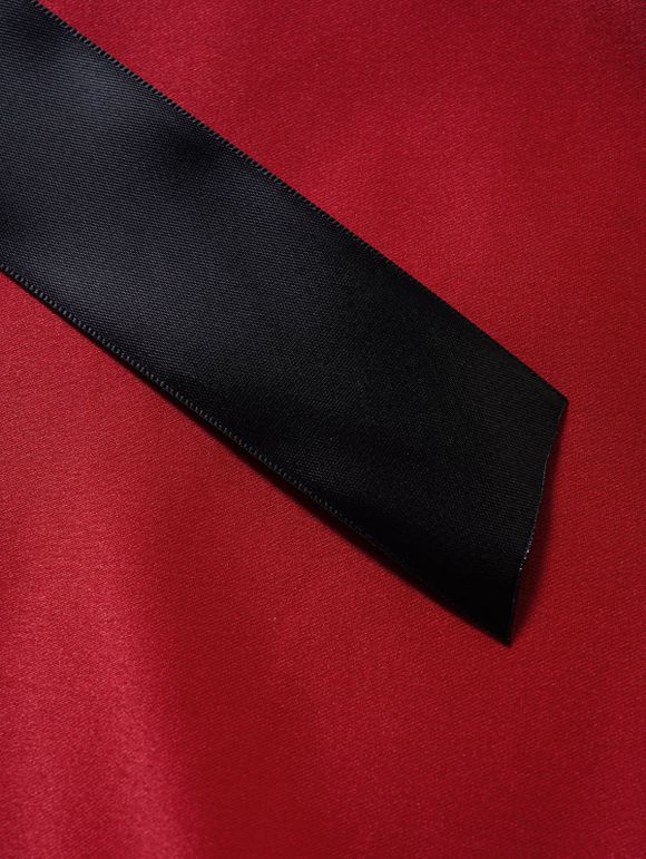 Robe Mi-Longue en Dentelle Fleur à Taille Haute en Blocs de Couleurs avec Nœud Papillon - Rouge L