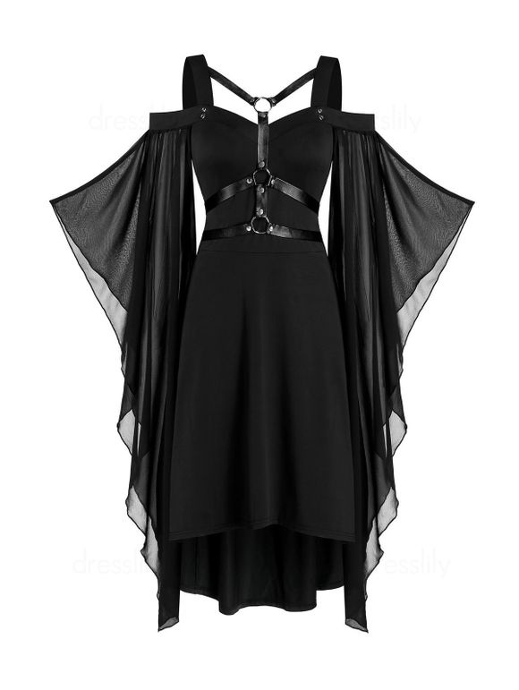 Vintage Harness Flare Sleeve Cold Shoulder Chiffon Dress - BLACK L