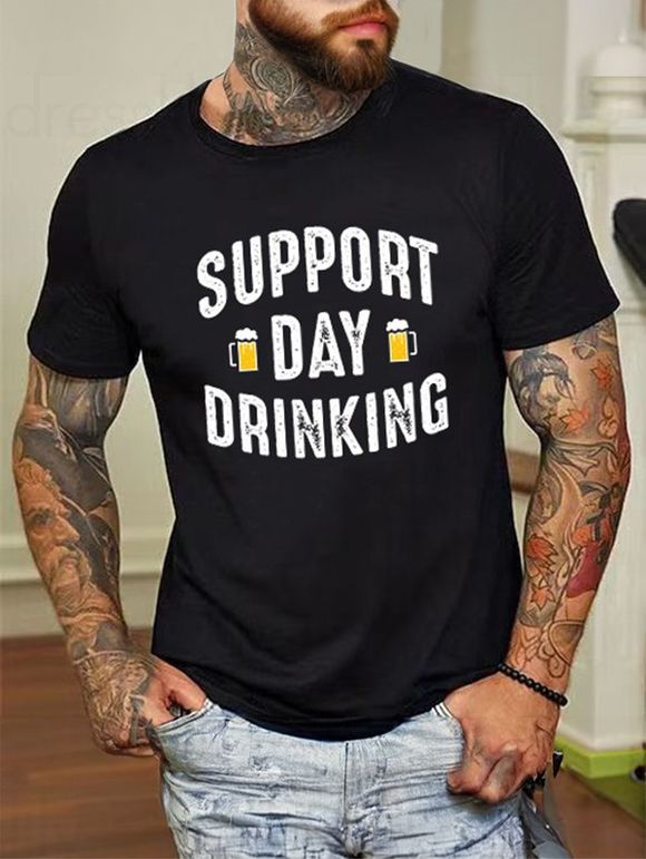 T-shirt Décontracté à Imprimé Slogan et Bière en Coton à Col Rond - Noir XXL