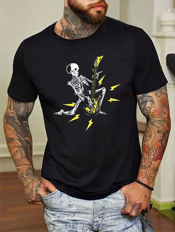 T-shirt à Imprimé Squelette Jouant Guitare à Col Rond à Manches Courtes en Coton - Noir XXL