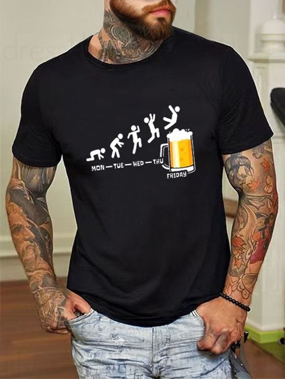 T-shirt à Imprimé Bière Manches Courtes à Col Rond en Coton - Noir XXL