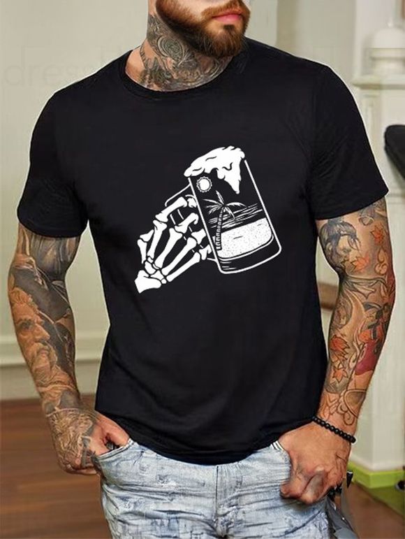 T-shirt à Col Rond à Imprimé Crâne et Bière en Coton - Noir M