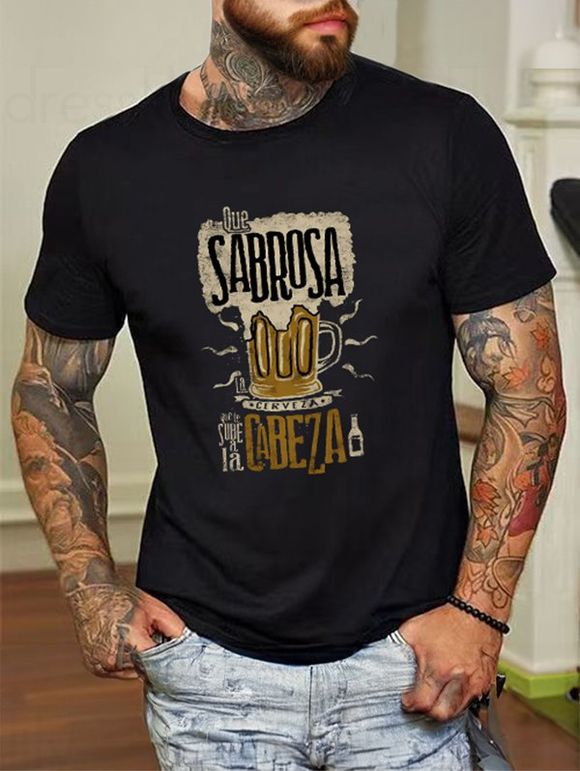 T-shirt Décontracté à Imprimé Lettre et Bière à Col Rond en Coton - Noir M