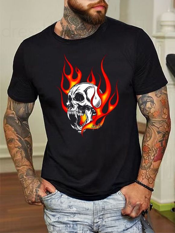 T-shirt Décontracté à Imprimé Crâne Flamme à Manches Courtes à Col Rond - Noir M