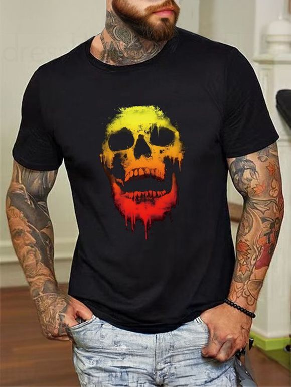 T-shirt Décontracté à Imprimé Crâne Peinture à Manches Courtes à Col Rond en Coton - Noir XL
