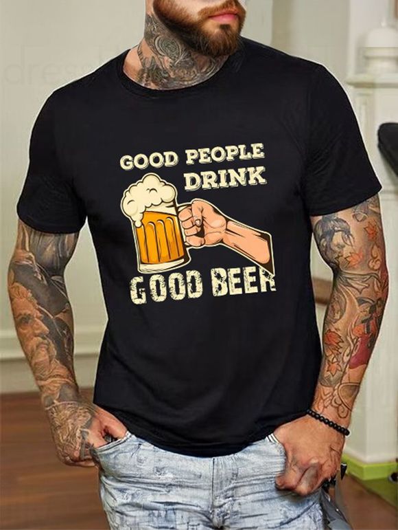 T-shirt Décontracté à Imprimé Bière et Slogan à Manches Courtes à Col Rond - Noir M