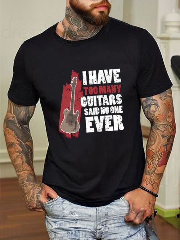 T-shirt Décontracté à Imprimé Guitare et Slogan en Coton à Col Rond - Noir M