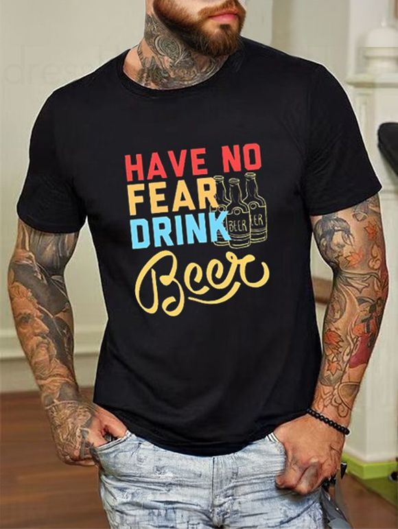 T-shirt Décontracté à Imprimé Slogan Coloré à Manches Courtes à Col Rond - Noir XXL