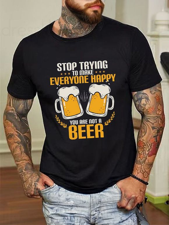 T-shirt Décontracté à Imprimé Bière et Slogan à Manches Courtes en Coton - Noir XXL