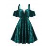 Cold Shoulder Velvet Party Dress Plunging Neck Empire Waist Flutter Sleeve Velour Dress - DEEP GREEN XL