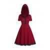 Mini Robe Ligne A en Dentelle Insérée à Taille Haute à Manches Courtes - Rouge foncé L