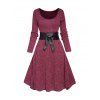 Robe Ligne A Ceinturée Contrastée en Tricot à Taille Haute à Manches Longues à Col Bénitier - Rouge foncé S