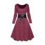 Robe Ligne A Ceinturée Contrastée en Tricot à Taille Haute à Manches Longues à Col Bénitier - Rouge foncé S