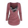 2 in 1 Rose Lace Panel Mock Button Surplice Gathered Heathered T Shirt - VALENTINE RED L