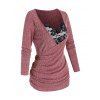 T-shirt Superposé Panneau en Dentelle en Fausse Deux Pièces avec Faux Bouton - Rouge Saint Valentin XL