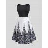 O Ring Ruched Printed Sleeveless Dress - BLACK L