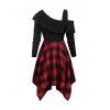 Gothic Plaid Asymmetrical Handkerchief Cold Shoulder Dress - RED WINE 3XL