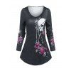 T-Shirt à Col en V avec Imprimé Fleurs et Crâne - Gris Foncé L