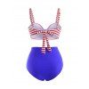Maillot de Bain Bikini Rayé Tordu Contrôle du Ventre à Taille Haute Style Marin - Bleu S
