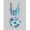 Maillot de Bain Tankini Découpé Croisé Fleuri Rayé Noué à Lacets de Vacance et Plage - Bleu S