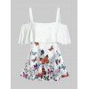 T-shirt à Imprimé Papillon à Epaule Dénudée à Volants - Blanc L