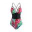 Floral Leaf Lace-up Moulded Corset Style One-piece Swimsuit - BLACK S