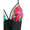Floral Leaf Lace-up Moulded Corset Style One-piece Swimsuit - BLACK S