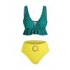Maillot de Bain Tankini à Pois à Volants avec Strass - Bleu Verdâtre XL