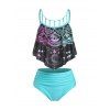 Maillot de Bain Tankini Matelassé à Imprimé Lune et Cœur à Volants - Noir XL