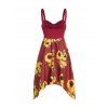 Garden Party Dress Sunflower Print Vacation Dress Asymmetrical Empire Waist Ruched Cami Dress - DEEP RED S