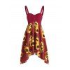 Garden Party Dress Sunflower Print Vacation Dress Asymmetrical Empire Waist Ruched Cami Dress - DEEP RED S