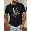 T-shirt à Imprimé Squelette Jouant Guitare à Col Rond à Manches Courtes en Coton - Noir XXL