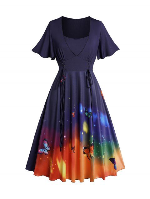 Plus Size Dreamy Butterfly Print Dress Lace Up Flutter Sleeve Casual Midi Dress