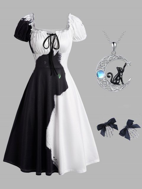 3D Cat Print Two Tone Ruffles Tie A Line Milkmaid Dress And Moon Cat Chain Necklace Skeleton Bowknot Hair Combs Outfit