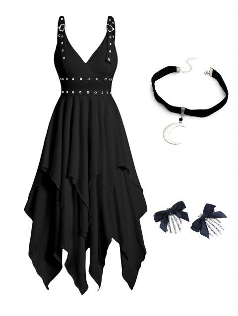 Gothic Layered Grommet Plunge Asymmetrical Midi Dress And Moon Choker Necklace Butterfly Skull Hair Clip Combs Outfit