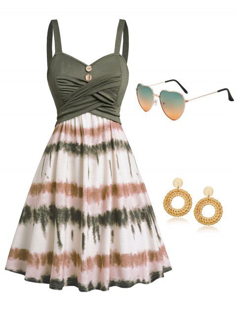 Tie Dye Print Crossover Sleeveless Mini Dress and Outdoor Trendy Sunglasses Drop Earrings Outfit