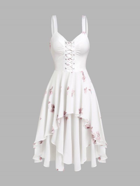 Floral Print Lace Up Dress Ruched High Low Hem Fresh Style Midi Dress