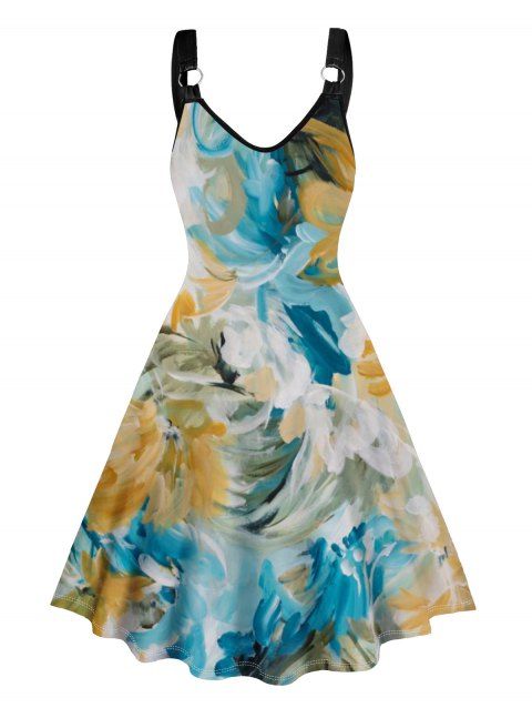 Water Color Print Tank Dress V Neck Casual A Line Mini Dress