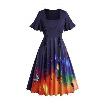 

Plus Size Dreamy Butterfly Print Dress Lace Up Flutter Sleeve Casual Midi Dress, Deep blue