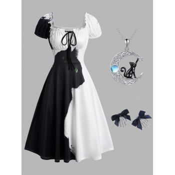 

3D Cat Print Two Tone Ruffles Tie A Line Milkmaid Dress And Moon Cat Chain Necklace Skeleton Bowknot Hair Combs Outfit, Multicolor