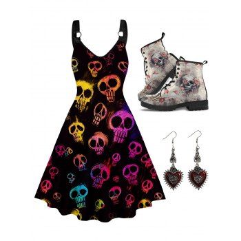 

Skull Print O Ring Gothic Style Straps Tank Dress and Thick Heels Matin Boots Earrings Outfit, Multicolor