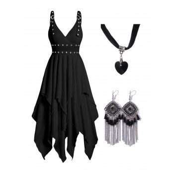 

Layered Grommet Plunging Neck Adjustable Strap Asymmetrical Midi Dress And Heart Choke Necklace Bohemian Tassel Earrings Outfit, Multicolor