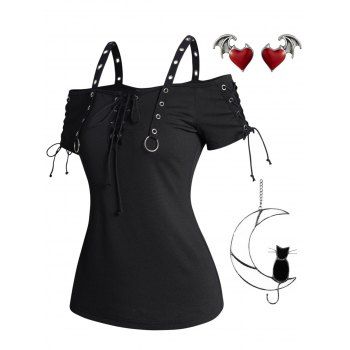 

Cold Shoulder Grommet Lace Up T Shirt and Gothic Stud Earrings Acrylic Home Decor Outfit, Multicolor